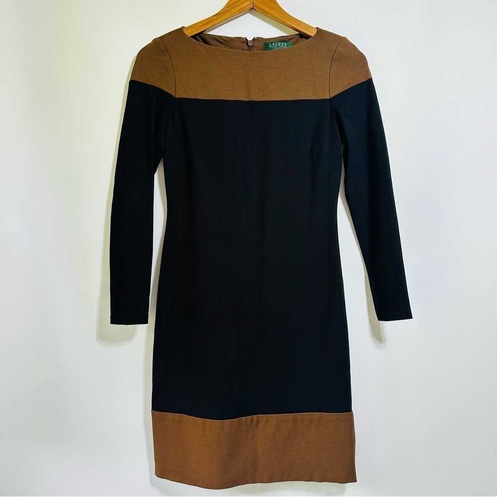 Ralph Lauren Sheath Dress Stretch Color Block Black & Brown Career Casual